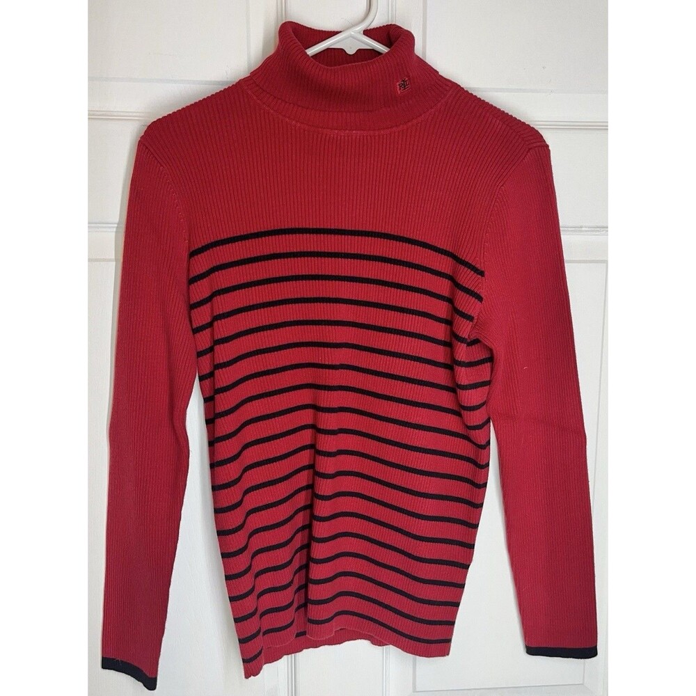 Lauren Ralph Lauren Turtleneck Sweater Monogrammed Cotton Red Black Women’s XL